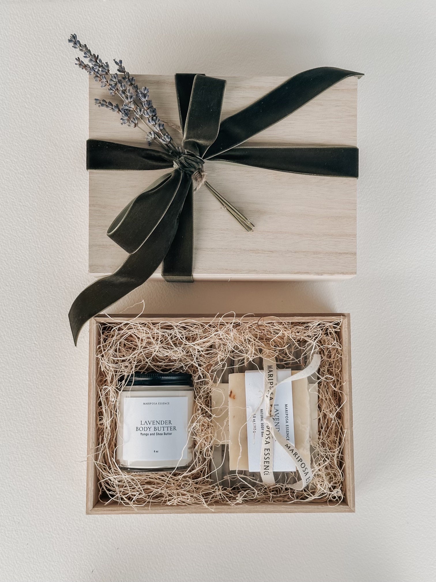 Lavender Body Butter and lavender flowers body bar with concrete soap dish in a wood box with velvet ribbon and dried lavender