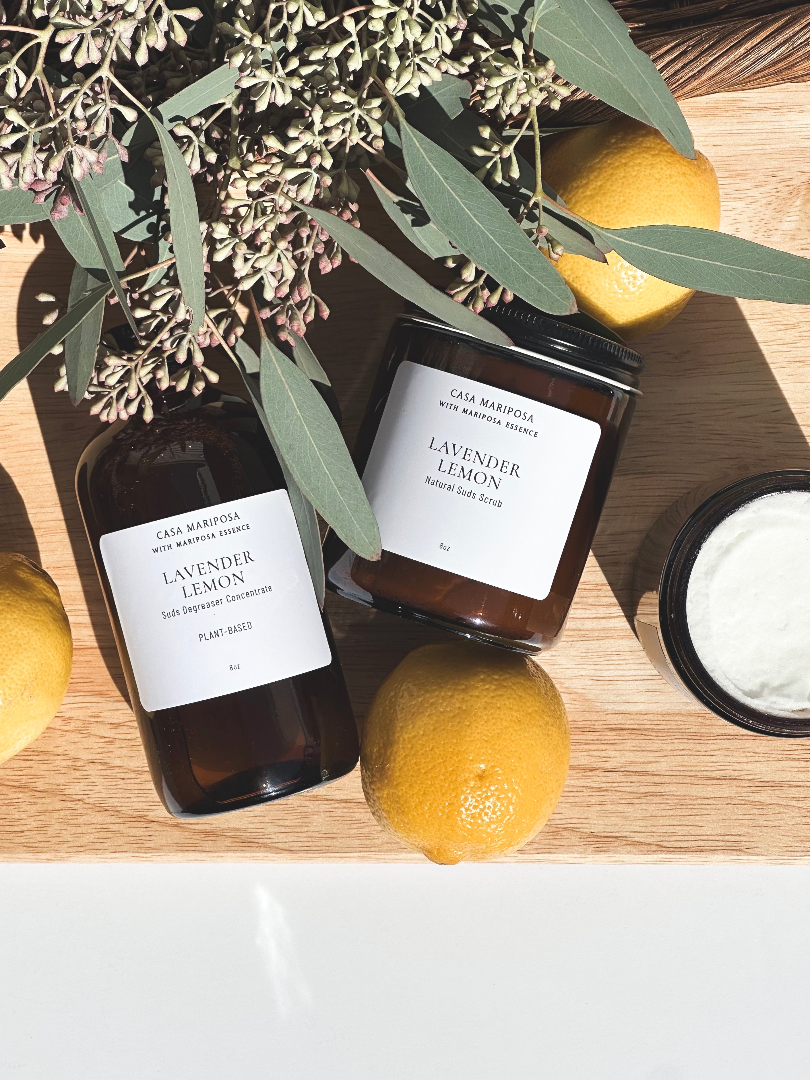 Lavender lemon suds duo displayed with lemons