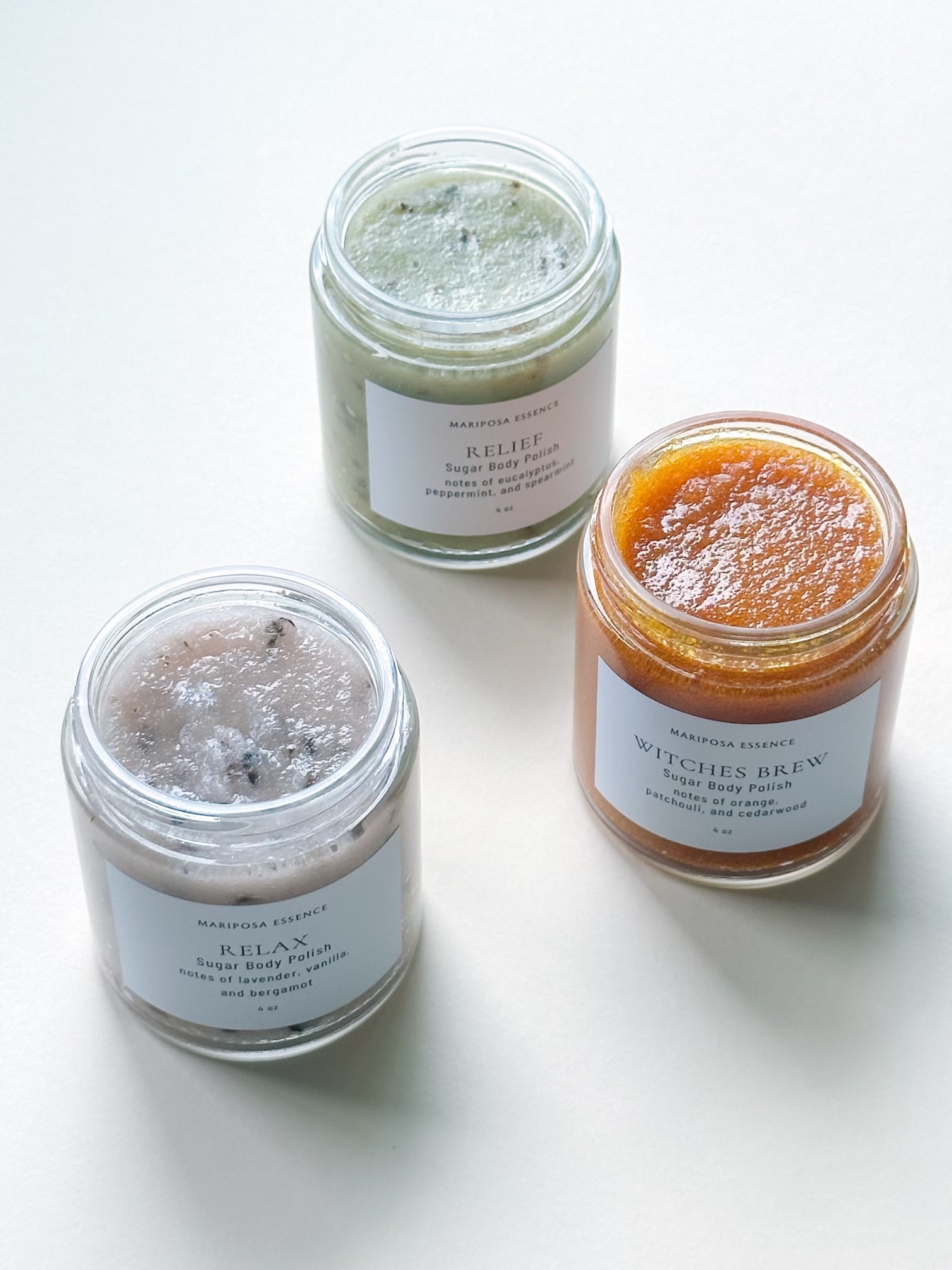 Sugar body polish relief, relax and witches brew.