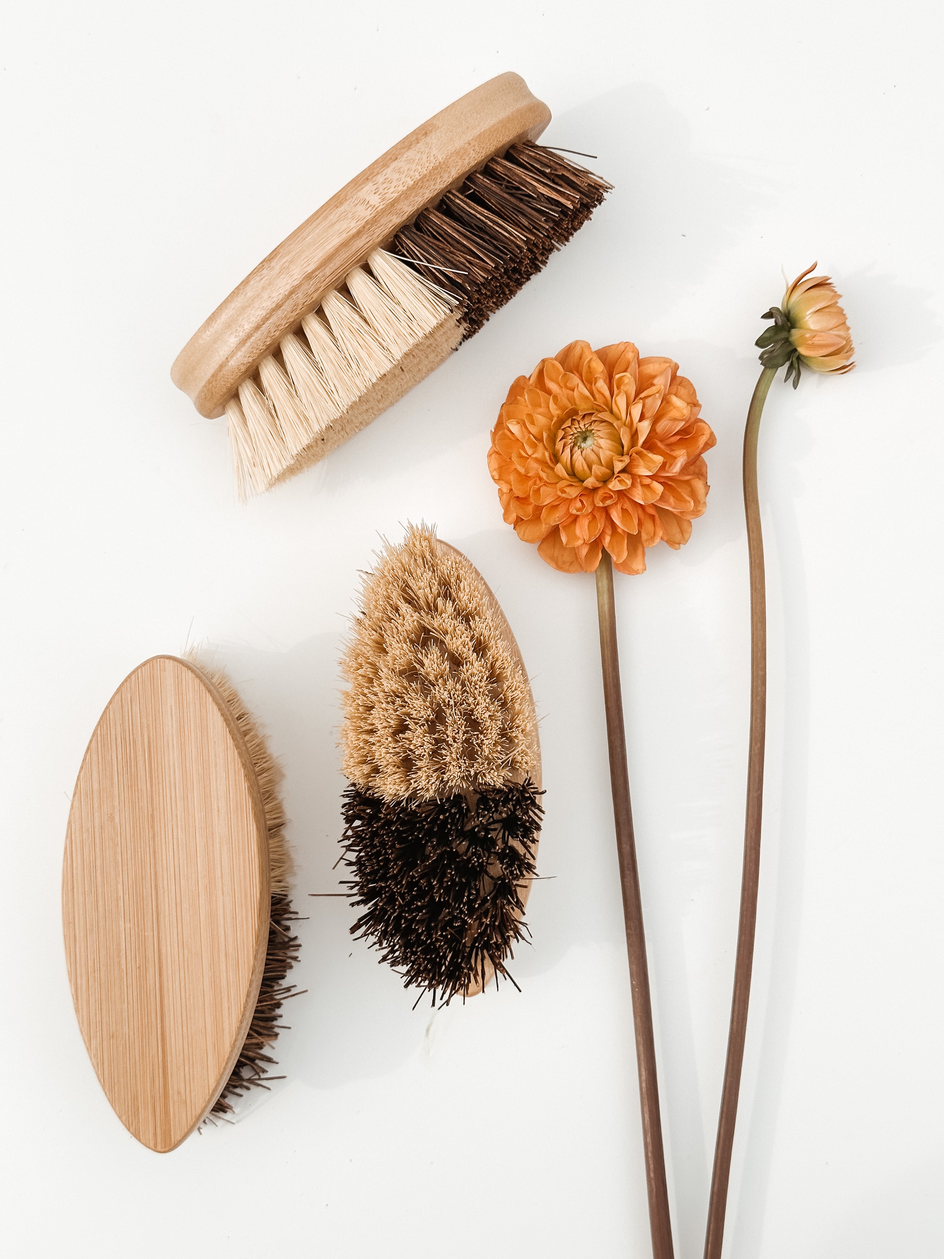 Coconut Fiber and Sisal cleaning brush displayed with dahlias