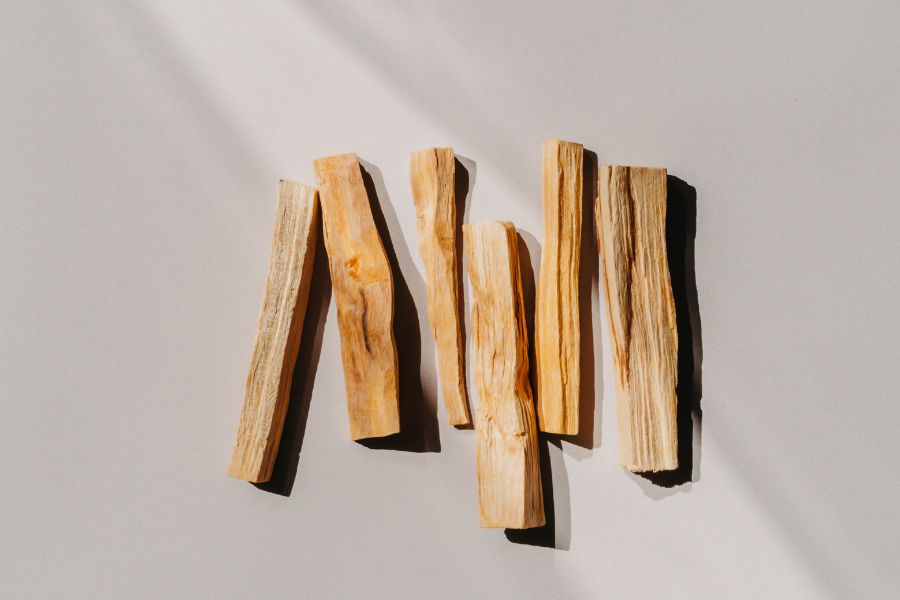 Five pieces of palo santo  arranged in a row on a gray background