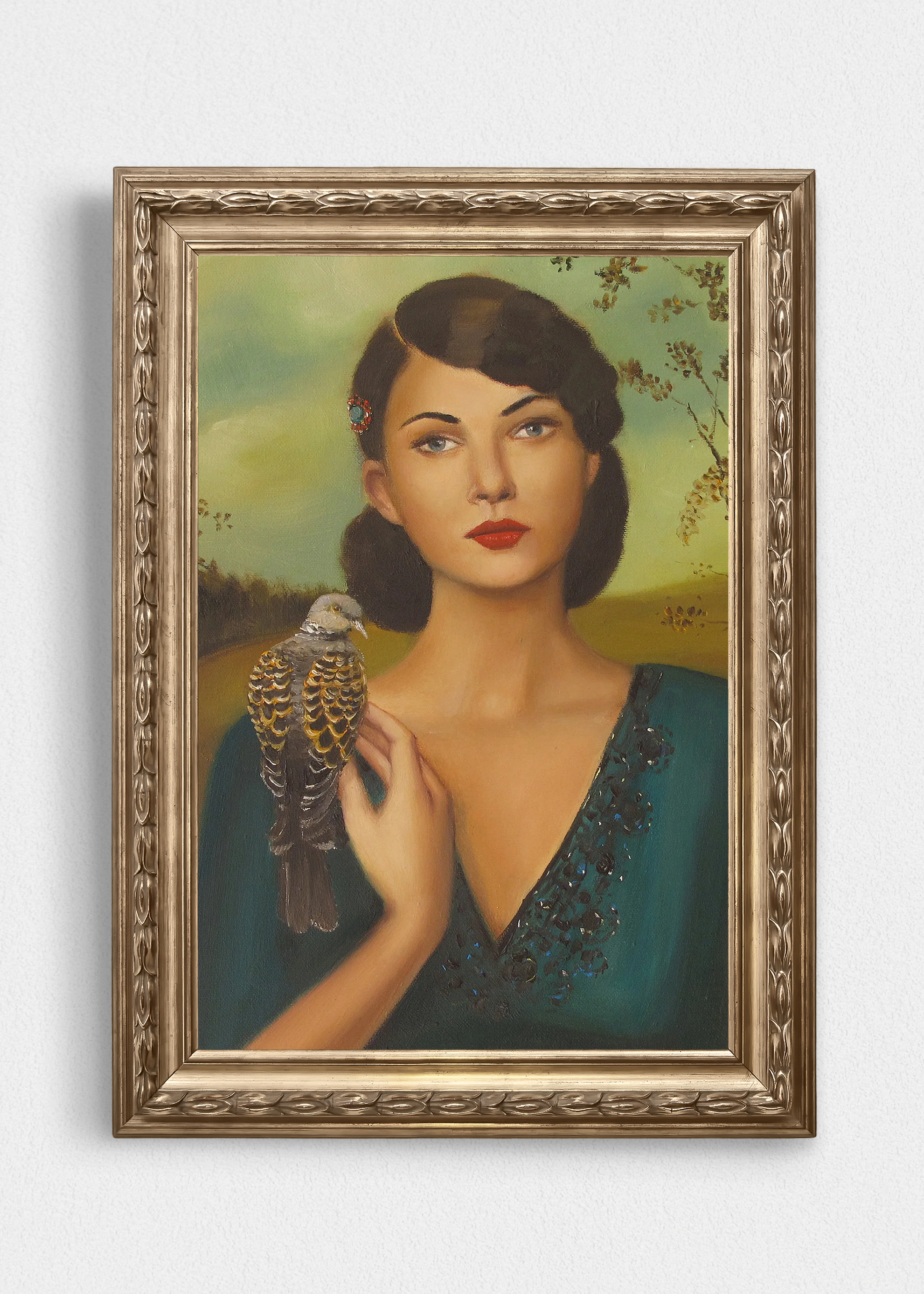 Elspeth with her turtle dove in a gold frame